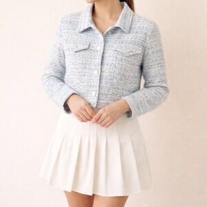 Jules Kae Talia Tweed Jacket Sky Blue NWT Sample Metallic Sz Sml Easter Preppy